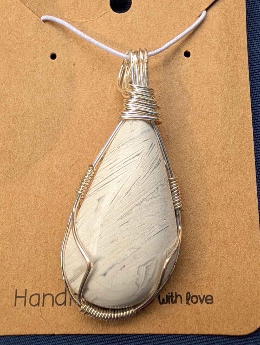 Handcrafted Cream Teardrop Thousand Layer AgatePendant Necklace -Wire Wrap